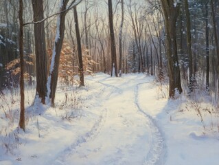 Obraz premium Winter Woodland Path Sunlight Through Trees