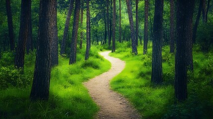 Obraz premium Vibrant green forest with a clear path leading through tall trees under soft natural light