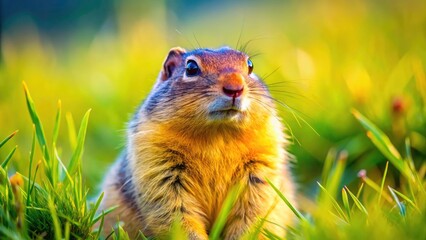 Curious gopher, robust and healthy, in a vibrant meadow, captured with exceptional depth of field.