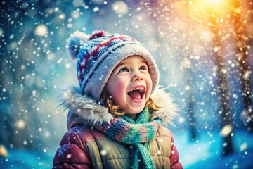 Cute kid laughing, snow flying &acirc;&euro;&ldquo; a heartwarming winter portrait showcasing childhood&acirc;&euro;&trade;s pure joy.