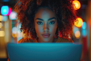Focused Woman Using Laptop in Colorful Evening Ambient Light