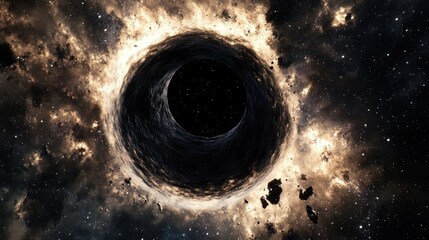 A Cosmic Abyss: Unveiling the Majesty of a Black Hole Surrounded by Nebulous Gas and Celestial Debris in the Vast Expanse of Space