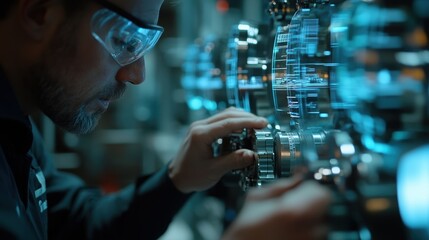 Industrial engineer wearing safety glasses adjusts machinery components while interacting with a futuristic holographic interface in an advanced manufacturing factory