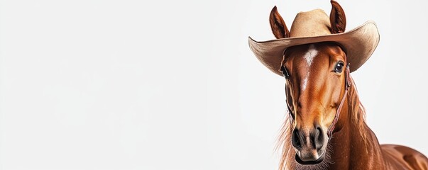 Horse wearing cowboy hat posing on white background