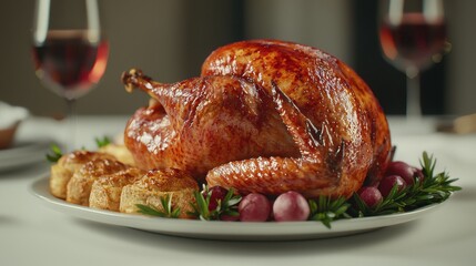 Honeyglazed roasted turkey feast dining room food presentation festive atmosphere close-up culinary delight