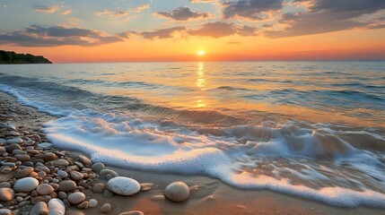 Obraz premium Warm coastal sunset scene with soft waves gently washing over smooth beach stones