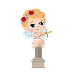 Cupid with bow and arrow sits on a column. Charming cupid. Valentine's Day element. Flat illustration for print, greeting card, poster.