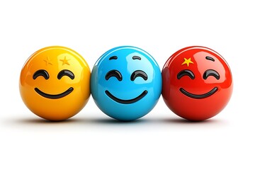 Obraz premium Three cheerful wooden smiley faces on a white background.