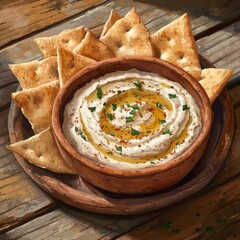 Delicious hummus dip with crispy bread artistic food rustic table setting gourmet concept