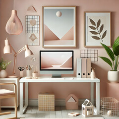 A minimalist workspace featuring flat pastel-colored accessories, soft lighting, geometric shapes, and a trendy indoor setup styled for professionals.