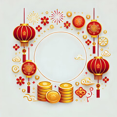 A playful and modern Chinese New Year border frame with stylized red lanterns, gold coins, and fireworks, on a clean white isolated background, perfect for digital invitations.