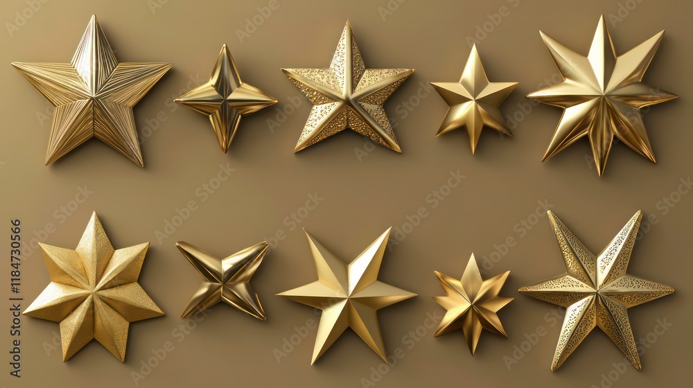 Aufkleber collection of golden stars with various shapes and sizes on a beige background.