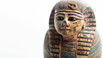 Ancient Egyptian Pharaoh Bust with Intricate Hieroglyphics and Traditional Headdress on a White Background