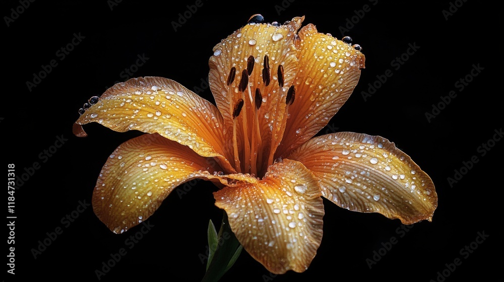 Poster A flower with dew drops on its petals against a dark background, with the droplets reflecting light and adding a sense of depth and richness to the image.