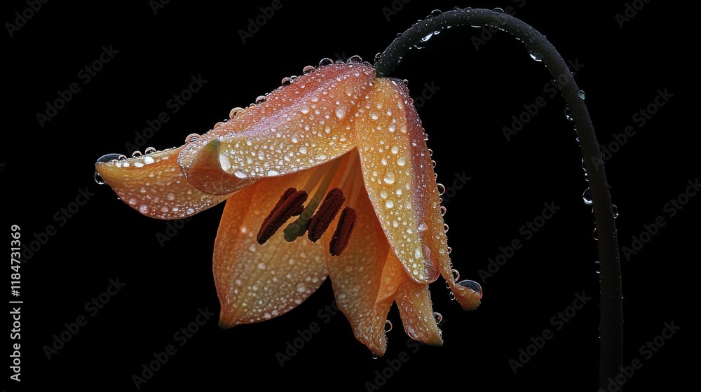 Poster a flower with dew drops on its petals against a dark background, with the droplets reflecting light 