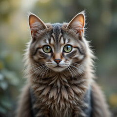Obraz premium Majestic tabby cat with striking green eyes and a lush fur coat, basking in natural light – the perfect embodiment of feline grace and charm