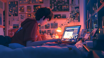 Boy opening a laptop in a cozy room in anime