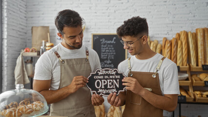Two hispanic male bakers holding an open sign together in an indoor bakery shop with shelves of...