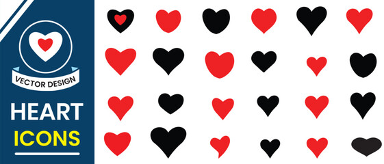 Red heart icon, vector set for Valentine. Collection of different red and black heart illustration, Hand drawn hearts.  Hand drawn doodles Heart collection. Vector illustration.