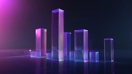 A futuristic D bar graph floating in space, with transparent bars of different heights, set against a dark background, symbolizing high-tech data visualization.