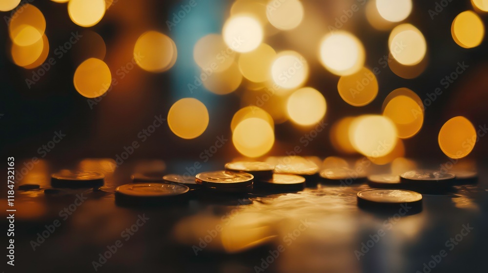 Poster Scattered coins on dark surface with bokeh lights.