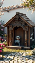 An adorable intricately crafted vintage wooden dog house.