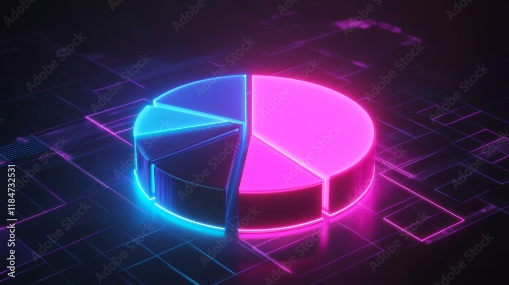 Leinwandbilder A futuristic D pie chart with glowing neon segments, rotating in a digital space, symbolizing modern data visualization and business analytics.
