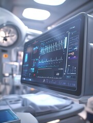 Fototapeta premium A high-tech medical monitoring system shows critical vital signs in a bright operating room. The monitors indicate patient health data as medical professionals prepare for surgery