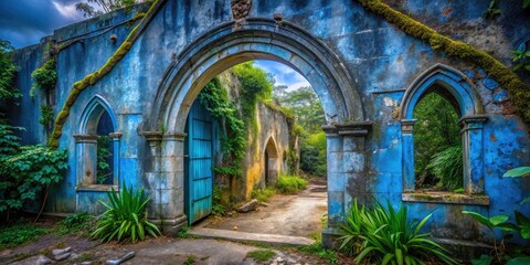 Obraz premium Explore forgotten faith: urban photography reveals a blue archway in a derelict religious building.