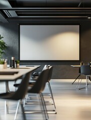 This contemporary conference room features a blank projection screen and sleek furniture, creating an ideal setting for business meetings