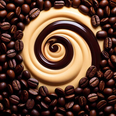 Rich coffee beans and cream create dynamic, swirling patterns against a clean backdrop.