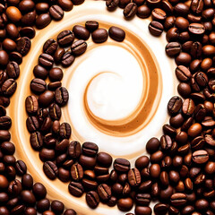 Rich coffee beans and cream create dynamic, swirling patterns against a clean backdrop.