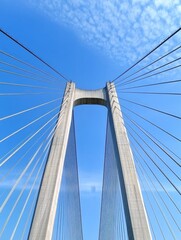 Under a clear blue sky with soft clouds, the tall structure rises impressively. The bridge's cables extend outward, revealing modern engineering. The atmosphere feels open and expansive