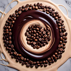 Rich coffee beans and cream create dynamic, swirling patterns against a clean backdrop.