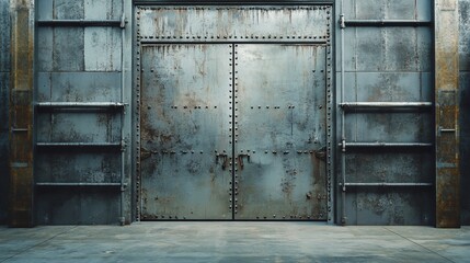 Industrial metal double doors on a concrete floor.