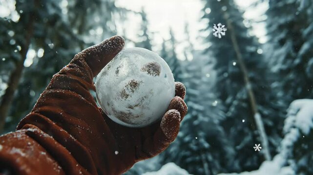 Snow-covered tree branch with a red and white mitten hanging from it. Concept of winter season and cozy moments outdoors. High quality 4k footage