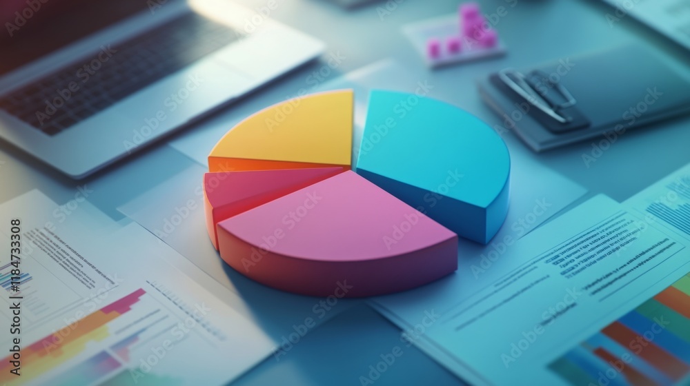 Poster A high-angle view of a D pie chart with labeled segments, placed on a desk alongside business documents and a laptop, symbolizing data analysis in a corporate setting.