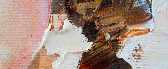 Embossed pasty oil paints and reliefs. Primary colors: ocher, white, red .  Abstract art.