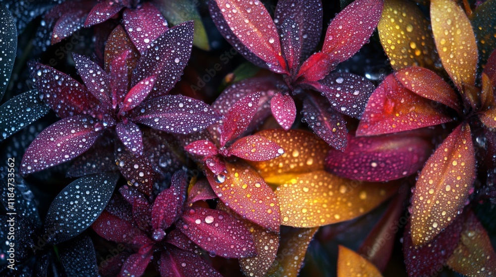 Poster a high-angle view of a lush plant with numerous leaves covered in dew, creating a sparkling effect a