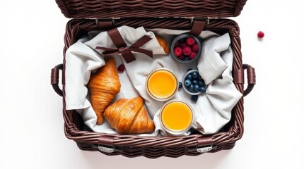 Obraz premium Picnic basket with croissants, fruits, and juice