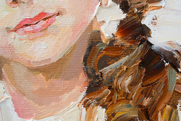 Fragment of an oil painting.  Portrait of a woman. The art is done in a realistic manner.