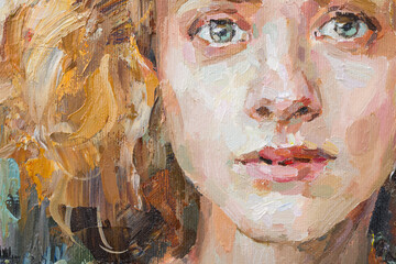 Cute beautiful girl holding her hair. Fragment of oil painting on canvas. .Portrait of a women with brown eyes and brown hair.