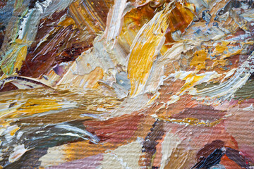 Embossed pasty oil paints and reliefs. Primary colors: ocher, white, red .  Abstract art.