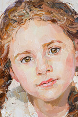 Fragment of an oil painting.  Portrait of a woman. The art is done in a realistic manner.