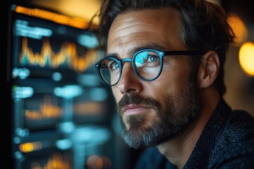 Obraz premium professional financial analyst working with multiple screens showing complex stock market data charts and economic growth indicators