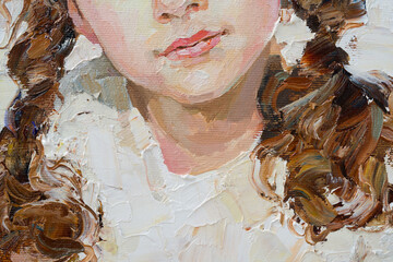 Fragment of an oil painting.  Portrait of a woman. The art is done in a realistic manner.