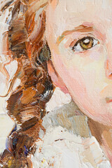 Fragment of an oil painting.  Portrait of a woman. The art is done in a realistic manner.