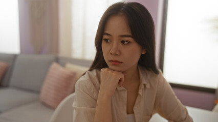 Woman sitting indoors in a living room, looking thoughtfully into the distance, captured in a well-lit home setting with soft furnishings and pastel colors.