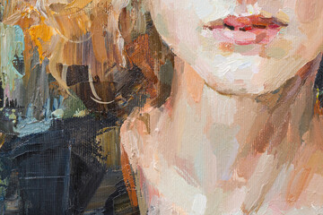 Cute beautiful girl holding her hair. Fragment of oil painting on canvas. .Portrait of a women with brown eyes and brown hair.