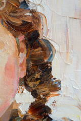 Embossed pasty oil paints and reliefs. Primary colors: ocher, white, red .  Abstract art.